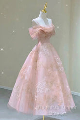 A Line Pink Tulle Lace Off The Shoulder Semi Formal Prom Dresses, Formal Evening Dress